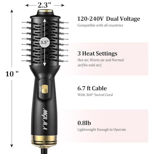 Mini Dual Voltage Hair Dryer Brush with European Plug Adapter - Black, Travel Size