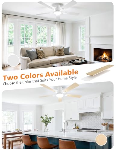 52 Inch Ceiling Fan with Lights - Flush Mount, Remote & App Control, Dimmable LED, Reversible & Quiet for Bedroom & Living Room - White / 52 Inch