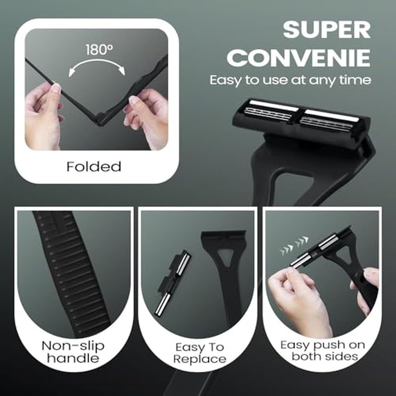 Back Shavers for Men with Foldable Long Ergonomic Handle: DIY Hair Shaver, Replaceable Safety Blade & Portable Razor Groomer for Men, Wet & Dry Shaving,Black (8PCS Blades Included)