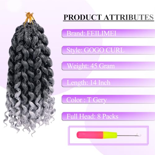 FEILIMEI T Grey 14 Inch GoGo Curl Crochet Hair Pre Loop Braiding Set - 8 Packs