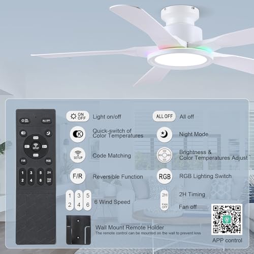 Wiviniya 52-Inch White RGB Ceiling Fan with Remote & App Control, Dimmable Light