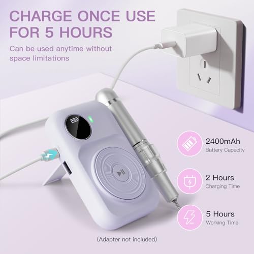 Madenia Rechargeable Professional Nail Drill Machine - 45000 RPM Portable Electric Nail File E File for Acrylic Gel Nails,Suitable for Salon Home Travel Manicure Use, Purple
