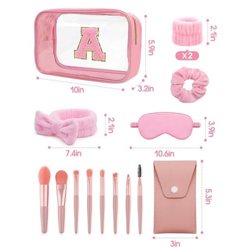 Gift Sets for Women, Initial Makeup Bag with Makeup Brush Set Bachelorette Party Favors, Pink Spa Kit with Skincare Headbands Wrist Bands Sleepover Party Supplies Gifts for Teen Girls Bridesmaid A