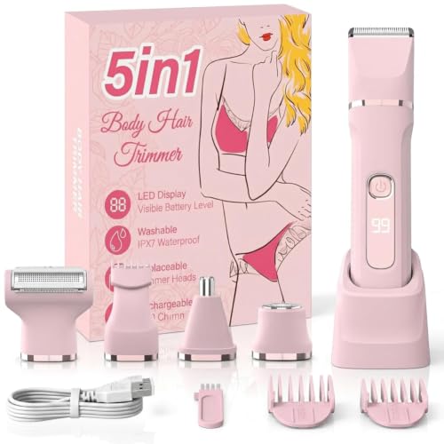Pink 5-in-1 Women's Electric Bikini Trimmer & Razor Waterproof USB Rechargeable