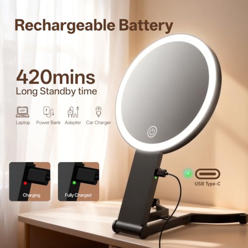 Travel Makeup Mirror with Lights 20X Magnification Black - Rechargeable & Dimmable