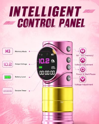 Wireless Rotary Tattoo Gun with Dual Batteries - Pink, 6 Stroke Settings