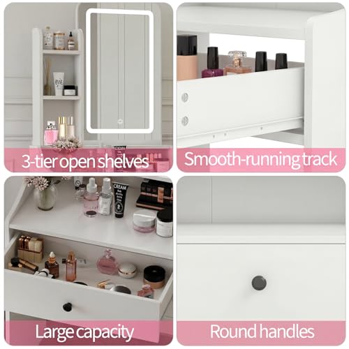 Small Vanity Desk with LED Lighted Makeup Mirror & Storage Bench