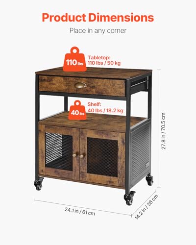 Farmhouse Coffee Bar Cabinet with Wheels & Mesh Doors - Rustic Kitchen Storage