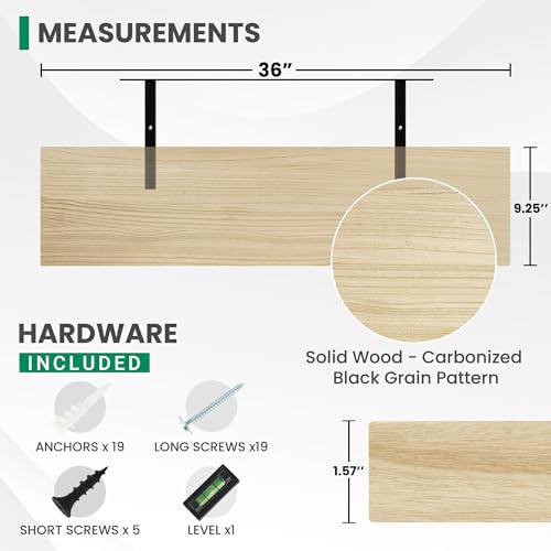 Marsmiles Natural Finish 36-inch Wall Floating Shelves Set of 2, Rustic Wall Storage with Heavy-Duty Brackets