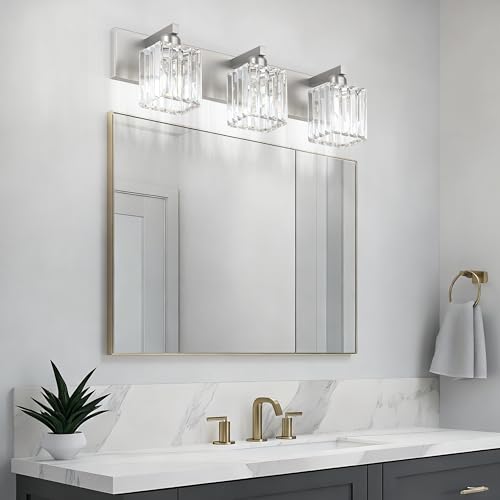 Aipsun Brushed Nickel 3-Light Crystal Bathroom Vanity Light, 23 Inch