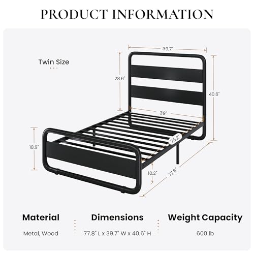 Black Twin Size Metal Bed Frame with Wooden Headboard - SHA CERLIN