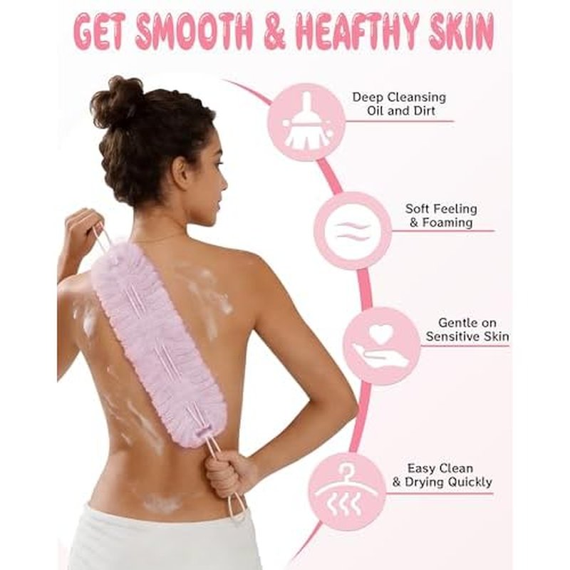 2Pcs Exfoliating Body Scrubber, Bath Ball Pulling The Back Strip 2 in 1, Back Scrubber for Shower Bath, Stretchable Drawstring Back Strip Bath Ball, Exfoliating Washcloth Towel for Men Women