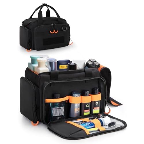 Tactical Travel Toiletry Bag for Men, Extra Large Dopp Kit Organizer with Dual Way Zippers, Travel Hygiene Bag for Shaving Grooming Bathroom Essentials, Black (Empty Bag)