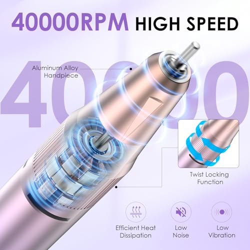Electric Nail Drill, 40000RPM Professional E-Filer Rechargeable with 15 Drill Bits, Portable Nail File Electric Nail Filer for Acrylic Nails Gel Polishing Removing for Salon Home (Purple)