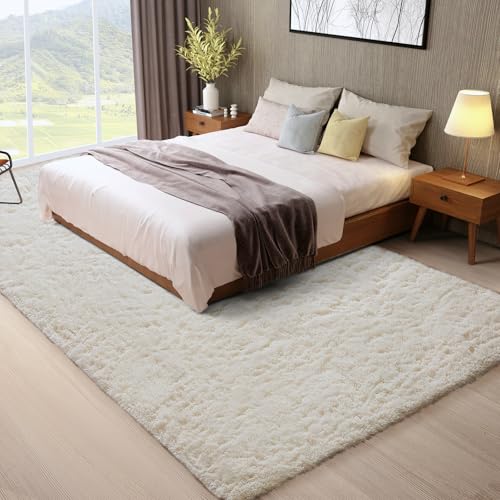 8x10 Ivory Shag Area Rug - Washable Non-Slip Fluffy Bedroom Carpet for Living Room & Nursery - Rectangular