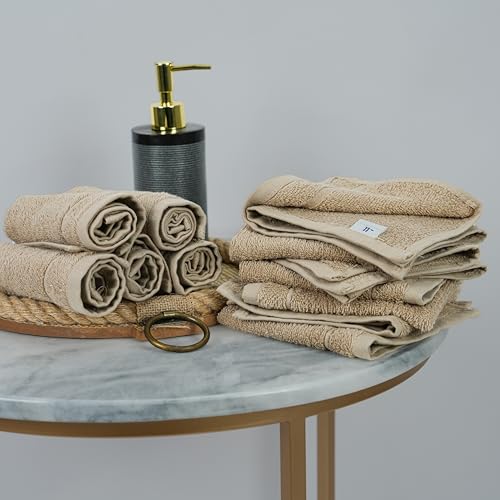 Beige 60 Pack Washcloths Set 12x12 Inches - Tens Towels, Soft Cotton, Eco-Friendly
