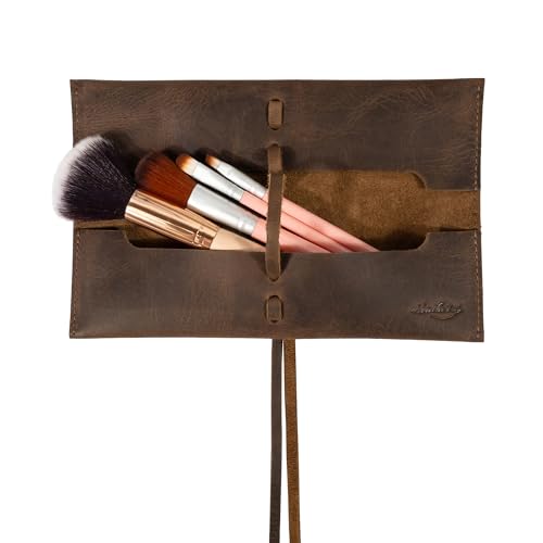 Heather's Rectangular Makeup Brush Organizer, Bourbon Brown Leather, Handmade, Drawstring Closure