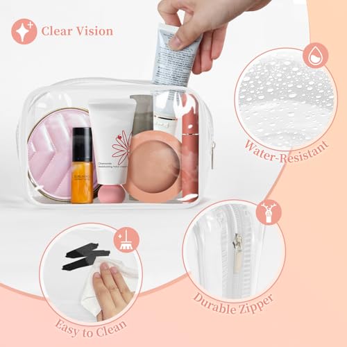 TISRATOK 12 PCS Clear Makeup Bag for Women with Zipper, TSA Approved Toiletry Pouch, Cosmetic Bag Bulk for Travel Organizer Essentials - White,Small