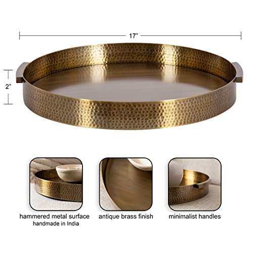 Gold 17-Inch Round Decorative Metal Tray with Hammered Surface - Modern Glam