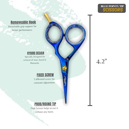 Rounded-Tip Trimming Scissors for Men ? Stainless Steel High Carbon Beard, Mustache, and Ear Hair Grooming Scissor (Blue (Pointy-Tip))