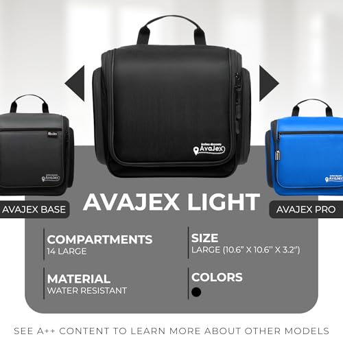 AvaJex Large Waterproof Travel Toiletry Bag Black - 15 Compartments, Hanging Organizer