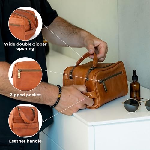 BERLINER BAGS Vintage Genuine Leather Toiletry Bag Tim M, Large Capacity Cosmetics Bag for Men and Women for Travel - Brown