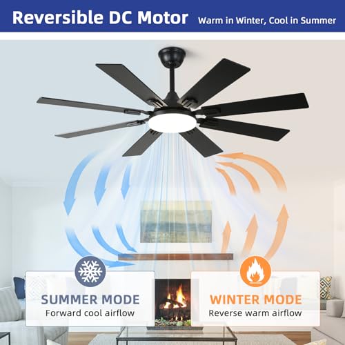 Fanyamei 52-Inch Black Ceiling Fan with Lights & Remote, Modern Farmhouse Reversible Blades