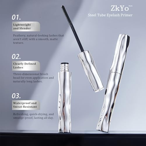 ZkYo Steel Tube Eyelash Primer, Waterproof & Smudge Proof Eyelash Primer Base Coat for Voluminous, Long Curling Lashes, Clump-Free and Flake-Resistant Formula (1pc)