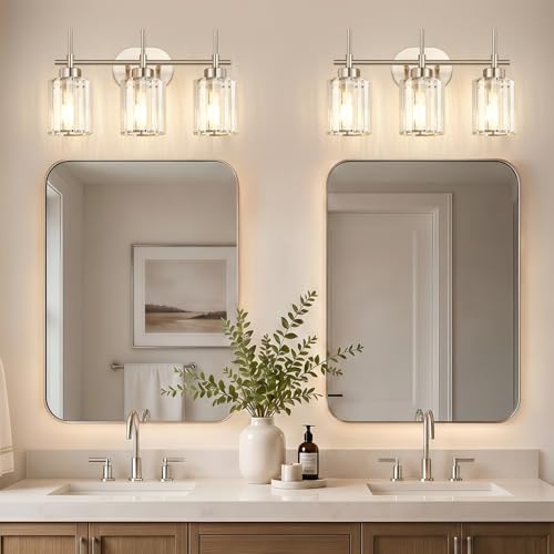 Brushed Nickel 3-Light Bathroom Vanity Light Fixture with Crystal Shades - Modern Wall Sconce for Mirror, Bedroom, Hallway