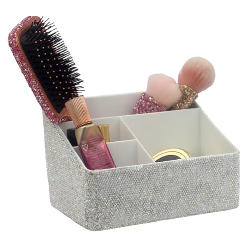 Luxury Bling Rhinestone Multi-functional Organizer Storage? Large Capacity makeup Brushes Lipsticks Storage Box with Compartments for Living Room. Bedroom and office (Siver)