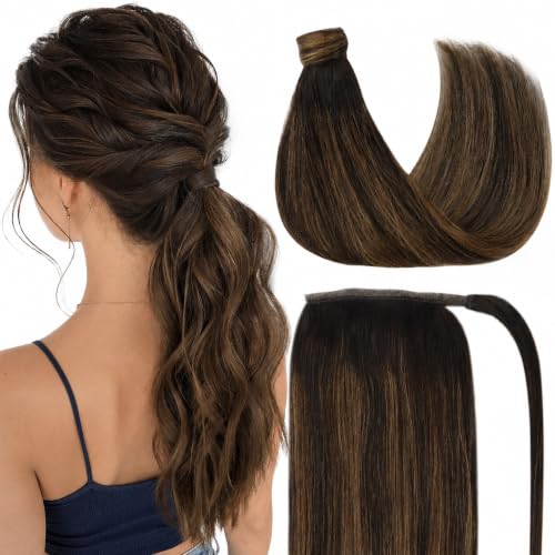 Dark Brown Balayage 16-Inch Human Hair Ponytail Extension - Wrap Around Clip-In for Women - Ve Sunny Variation 1-4 #2/6/2