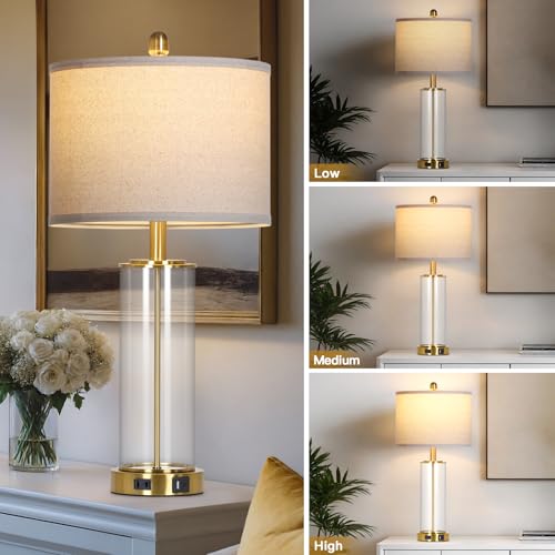 26-Inch Gold Glass Table Lamps Set of 2 - Dimmable Touch Control Bedside Lamps with USB & Power Outlet - Modern Living Room Decor Variation: Gold-26-Inch-2PK