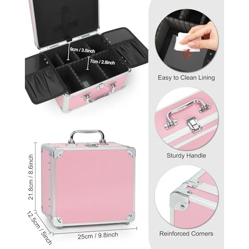 Relavel Makeup Bag with LED Mirror, Cute Makeup Box Travel Train Case with Rechargeable Lighted Mirror, Cosmetic Brush Organizer Storage for Makeup Artists Gifts for Women and Girls, Pink