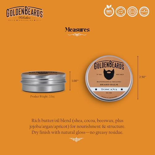 Golden Beards Organic Beard Balm Toscana ? Shea, Cocoa & Beeswax Blend with Juniper & Ginger Scent ? 60ml Vegan Styling Balm for Beard Softening & Conditioning, Handmade in Denmark.
