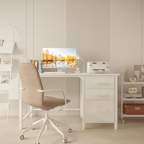 46.6-Inch White Reversible Computer Desk with File Cabinet for Home Office
