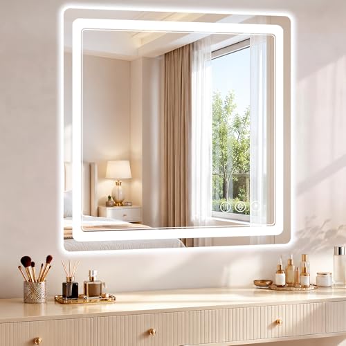 30x30 Inch LED Bathroom Mirror with Lights Anti-Fog Dimmable & Memory