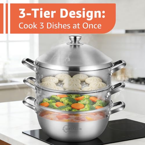 8 Quart Stainless Steel 3-Tier Steamer Pot with Lid - Silver, 30cm Capacity