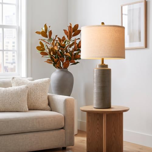 PARTPHONER 27" Greyish Brown Vintage Ceramic Table Lamp Set of 2 | Ribbed Texture, Brass Accents, Linen Shade