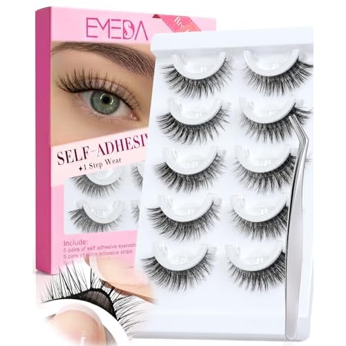 Self Adhesive Eyelashes Preglued Glueless - Natural Look No Glue Eyelashes 16mm Volume Round Eye Waterproof Glueless No Glue Needed Reusable Stick on False Strip Lashes (55 with Tweezers)