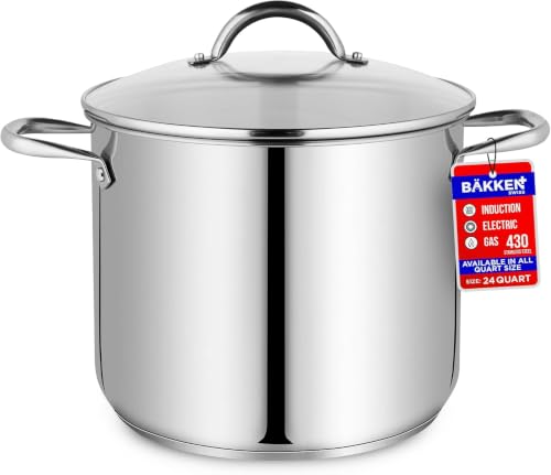 24 Quart Stainless Steel Stockpot with Tempered Glass Lid - Durable, Impact-Bonded Base