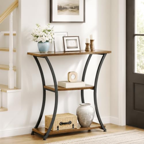 Rustic Brown 3-Tier Console Table with Open Shelves - Narrow Entryway Sofa Foyer