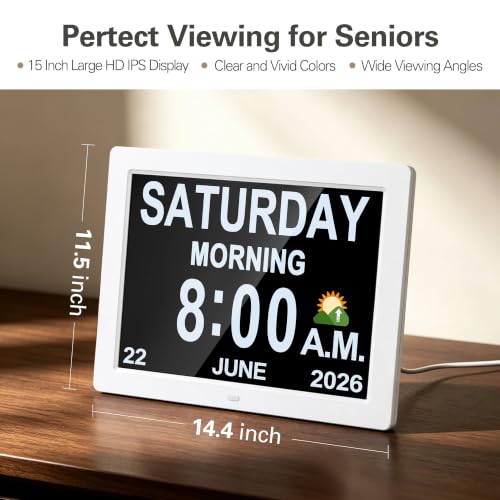 White 12-Inch Digital Calendar Day Clock for Seniors with Auto-Dimming & 12 Alarms