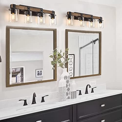 DUJAHMLAND Antique Wood Farmhouse Vanity Light Fixture, 4-Light Wall Sconce for Bathroom/Kitchen