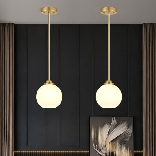 2 Pack Brushed Gold Globe Pendant Lights with Milky White Glass - Adjustable Kitchen Island Lights