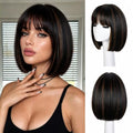 Highlight Brown Bob Wig with Bangs - Short Synthetic Wigs for Women Girl - Curly & Soft