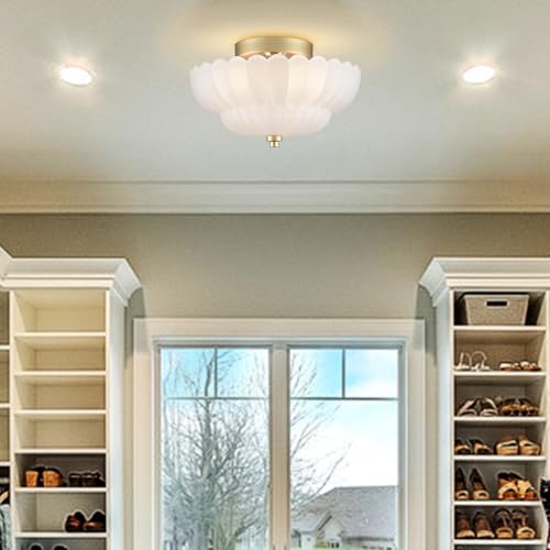 HYDELITE Gold-Milk Glass Flush Mount Ceiling Light with Scalloped Frosted Shade