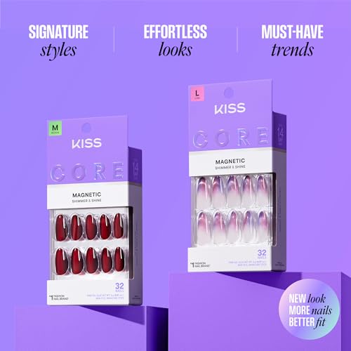 KISS CORE Magnetic Press On Nails Almond, Twinkling Stars, Purple, Long, 32 Count