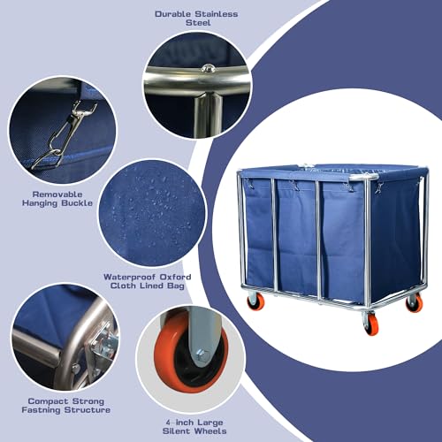 Blue Commercial Laundry Cart with Wheels 470L Steel Frame & Waterproof Bag