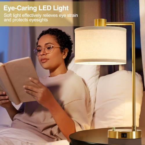 Gold Dimmable Table Lamp Set of 2 with USB-C & A Ports - Bedside Nightstand Lamps