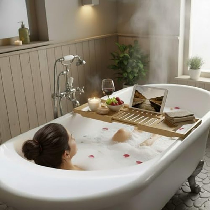 Bamboo Bathtub Tray - Wood Bath Caddy with Book, Phone, or Tablet Rest, Cup Holder, and Extended Sides for Bath Accessories by Home-Complete (Natural)